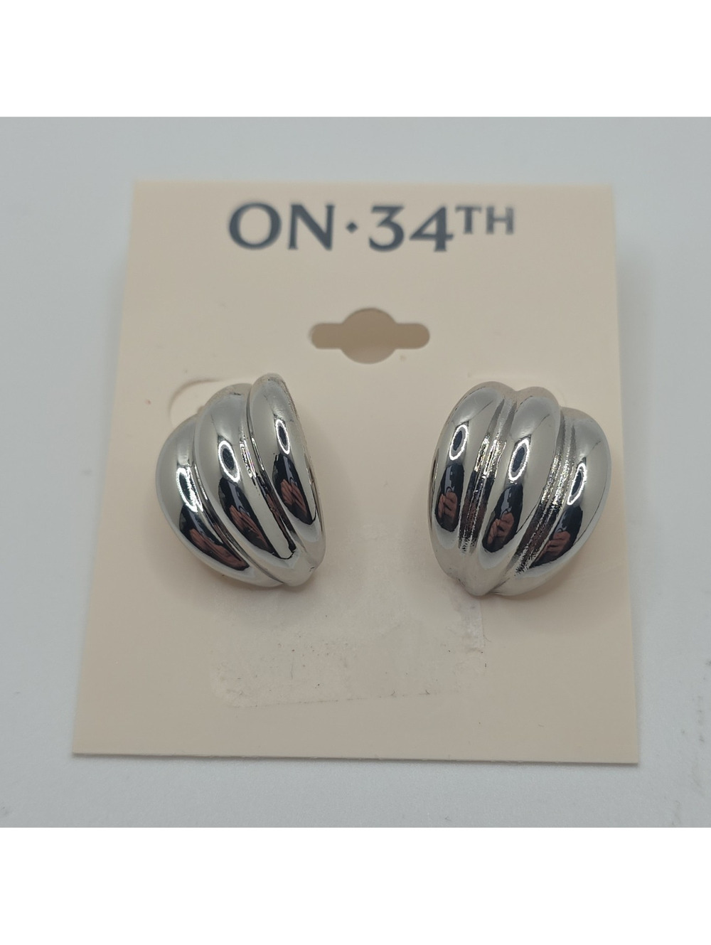 On 34th Silver Tone Metal Ridge Button Stud Earrings Butterfly Closure Lobe